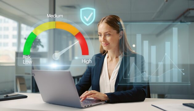 Business professional monitoring risk and performance metrics on a futuristic digital interface