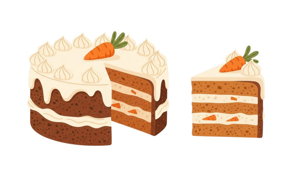 Carrot cake cartoon vector set whole cake slice bakery illustration