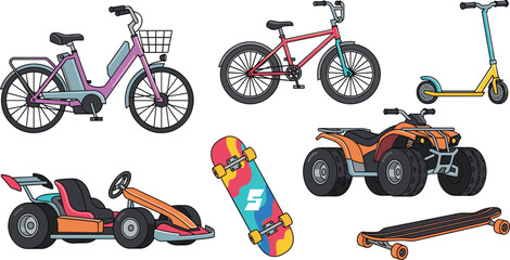 Sport and Recreation Vehicle Icon Set with Electric Bike, BMX Bicycle, Scooter, Go Kart, Skateboard, ATV, and Longboard Elements for Active Lifestyle and Adventure Designs © MdMojnu