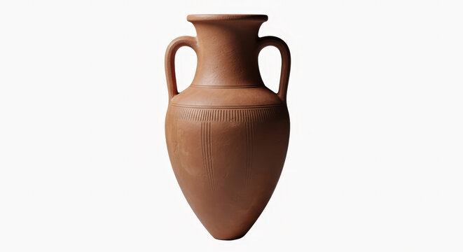 Ancient egyptian clay amphora jar with decorative carved patterns isolated on a clean white