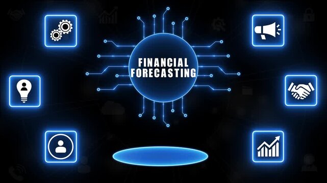 Digital concept of financial forecasting with glowing icons and circuit board connections on dark background.4K Animation.