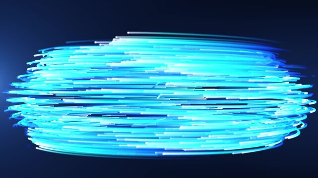 Cyan glowing streaks wrap into a rotating oval form, creating a dynamic abstract shape with smooth motion, depth, and futuristic digital energy.