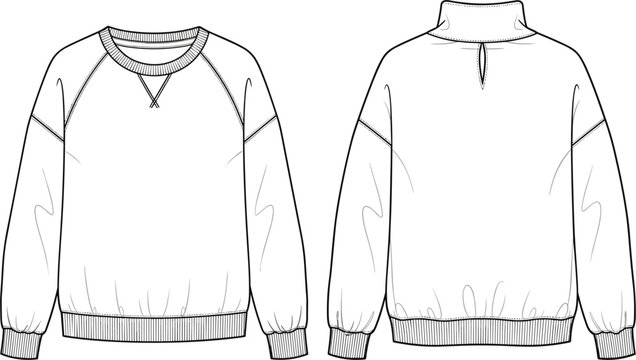 Technical fashion flat sketch of a white raglan sleeve sweatshirt featuring crew neck front and high collar back views for apparel tech pack design.