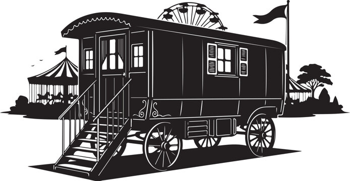 Vintage caravan, black and white illustration, carnival transport, travel trailer