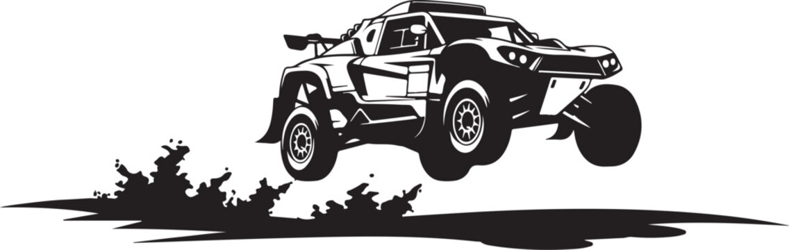 Black, monochrome off-road car, vehicle silhouette, racing buggy, jumping SUV