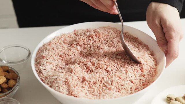 spoon blending long grain rice with reddish seasoning in a large bowl, creating an even spice coating before the rice is cooked for a flavorful main dish