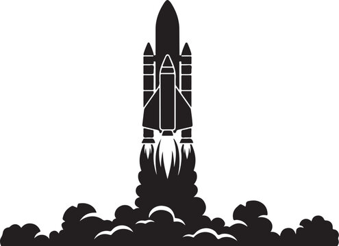 Black rocket ship launching, space shuttle vector icon, blast off illustration, astronomy symbol