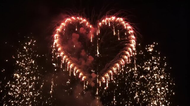 Bright heart shaped fireworks burst in dark night sky