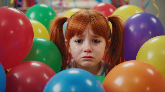Sad young girl with red hair surrounded by colorful balloons  