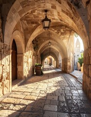 Obraz premium A sunlit, arched stone corridor leads the eye down a cobbled path, revealing a distant tower amidst the buildings