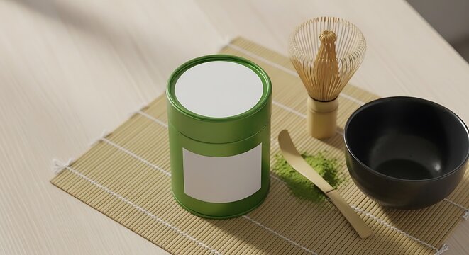 Green tea accessories on a bamboo mat with a tin and bowl