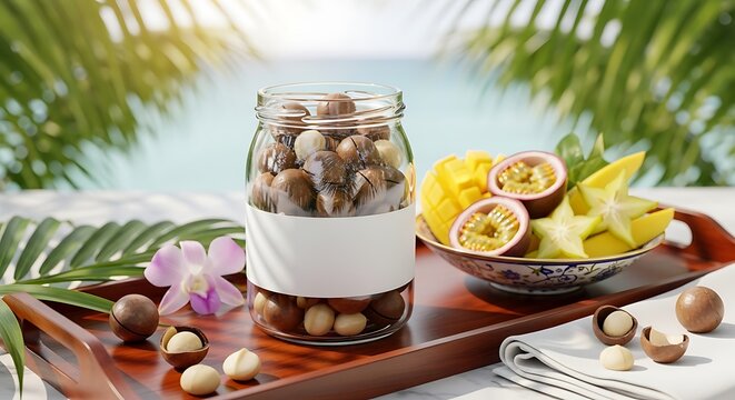 A jar of macadamia nuts on a wooden tray with fruit and tropical leaves on a table by the ocean