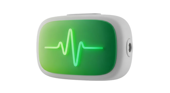 A close-up view of a small white device displaying a green screen with a heart rate waveform in a modern technological environment.
