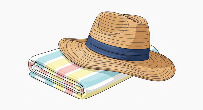 Summer vacation straw hat and folded striped beach towel vector illustration