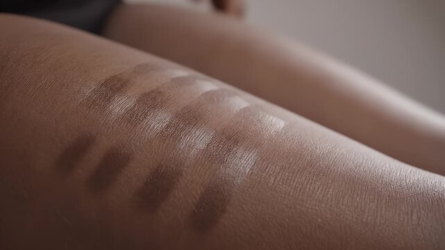 Close up of a person's thigh with makeup swatches applied and a hand gently touching the skin texture and shimmer
