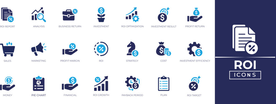 ROI solid icon set. Containing investment, financial, marketing, strategy, analysis, comparison, payback period, financial icons collection.