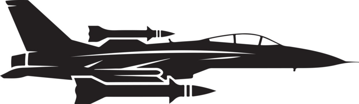 Black fighter jet, military aircraft silhouette, warplane icon, aviation vector