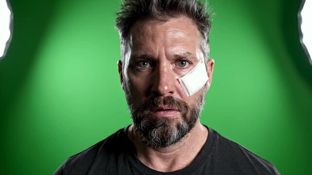 Close up of a sweaty man with a bandage over his eye looking exhausted against a vibrant green screen background illuminated by studio lights