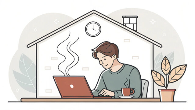 A man works from home on his laptop with a cup of coffee