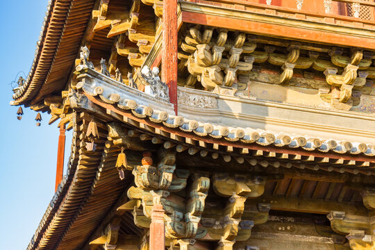 Wooden detail of the Guanyin pavilion in the Dule temple complex of Jizhou, China