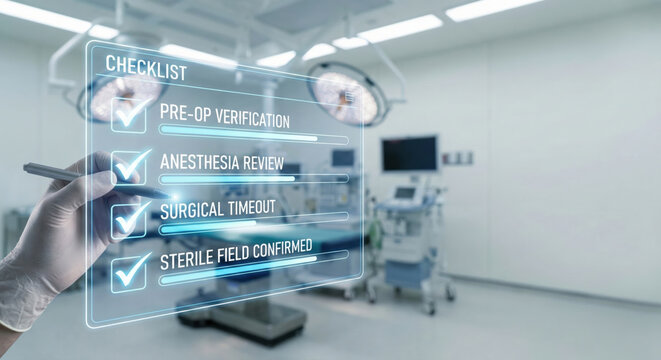 Medical checklist surgery verification overlay in operating room for patient safety and sterile procedure planning
