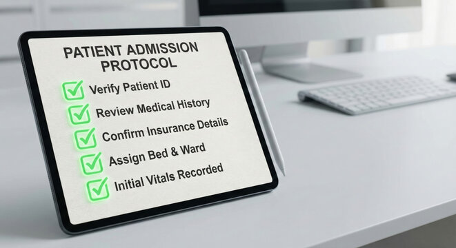 Medical checklist tablet patient admission hospital protocol healthcare check mark clinical workflow administration digital