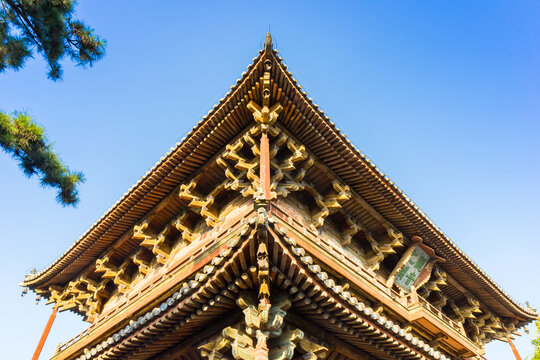 Wooden roof of the Guanyin pavilion in the Dule temple complex of Jizhou, China