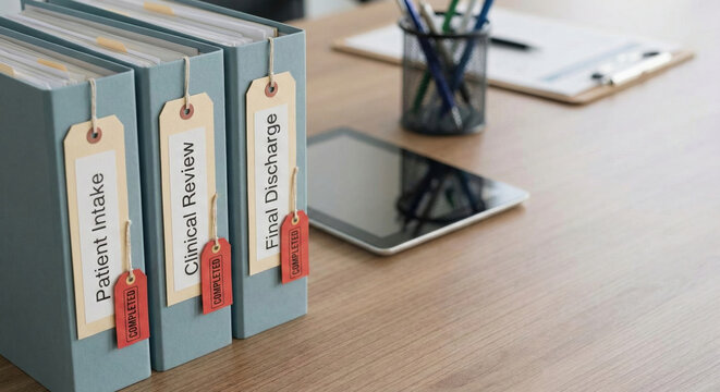 Medical checklist patient file clinical record discharge summary office desk document organizer healthcare administration