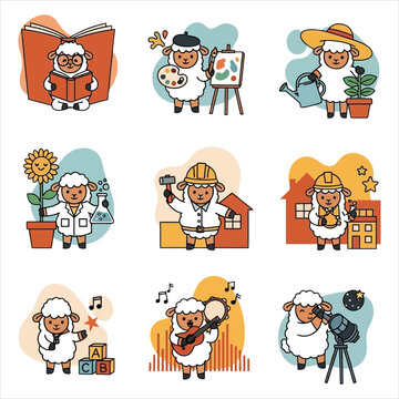 Set of nine cute cartoon sheep characters representing different professional careers and hobbies for educational icons and children storytelling projects