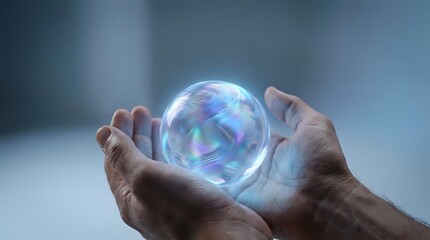 Naklejka premium Hands holding glowing holographic sphere with rainbow reflections for futuristic technology and innovation concepts.