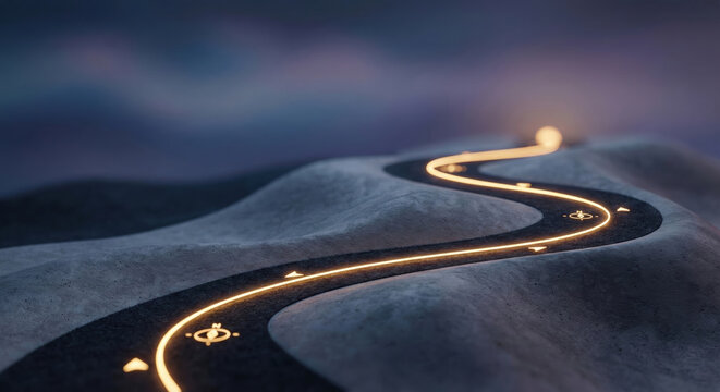 Strategic navigation glowing path winding road futuristic map dark landscape guidance route abstract terrain for strategic