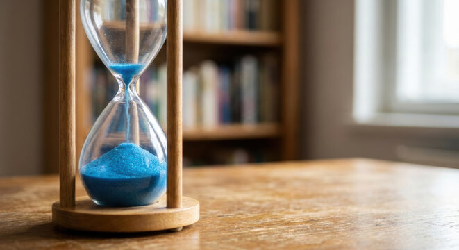 Hourglass blue sand time water scarcity climate adaptation hourglass with blue sand wood table water scarcity climate