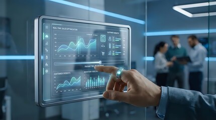 Fototapeta premium Professional businessman touching interactive digital dashboard displaying financial charts and analytics in modern office environment.