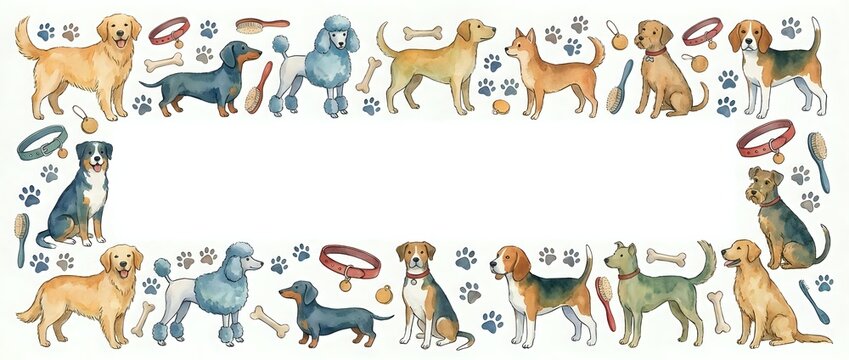 Colorful dog breeds border frame with paw prints and collars on white background. Pet care, veterinary, animal adoption design element for greeting cards.