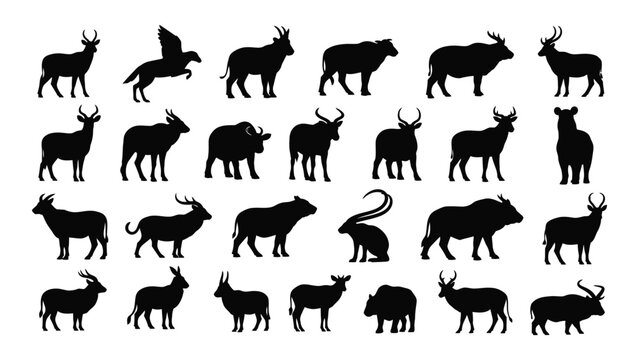 A collection of black silhouettes depicting various african ungulates and horned mammals high quality professional detailed