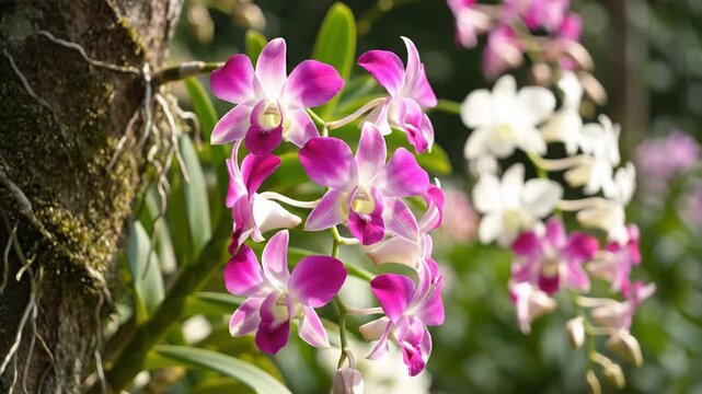 Vibrant purple dendrobium orchids blooming on tree in garden