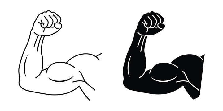 Two stylized arm icons one outlined and one solid black showing flexed biceps muscle strength on transparent background 