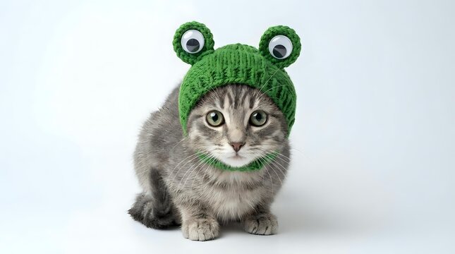 Adorable tabby kitten wearing green knitted frog hat with googly eyes on white background. Perfect for pet costume designs and greeting cards.