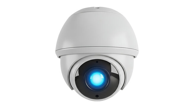 A security camera with a blue light is mounted on a wall indoors.