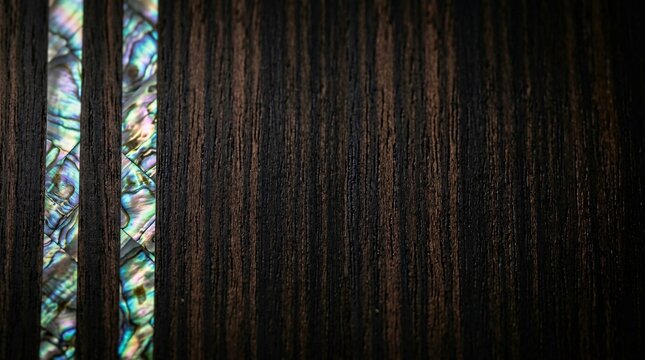 Closeup of dark macassar ebony wood texture with iridescent abalone shell inlay for premium luxury background