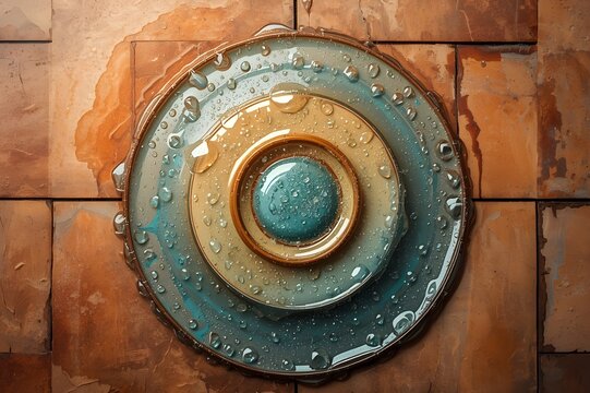 Wet concentric circle disc with water drops on tile wall