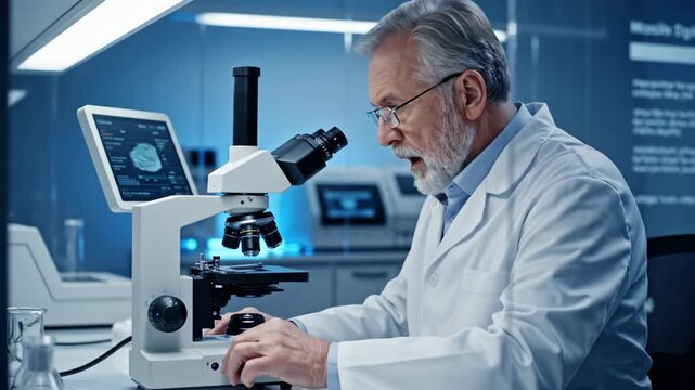 senior caucasian scientist using digital microscope in modern medical research laboratory. scientific discovery and biotechnology concept. healthcare