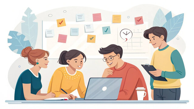 A group of young adults collaborating on a project with a laptop and tablet in a modern office setting