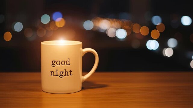 Serene night scene featuring a mug with 'good night' text, adorned with bokeh lights in the