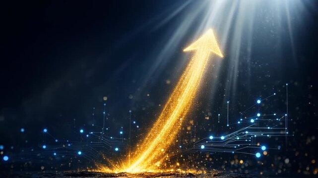 Golden Glowing Arrow Rising Upward with Sparkling Particles and Digital Technology, Symbolizing Growth and Progress in Modern World