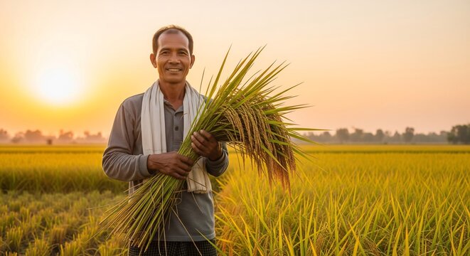 Portrait of happy farmer holding rice harvest during golden hour in ru