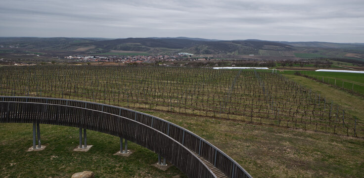 View from Stezka nad vinohrady lookout tower above Kobyli village in Czech republic