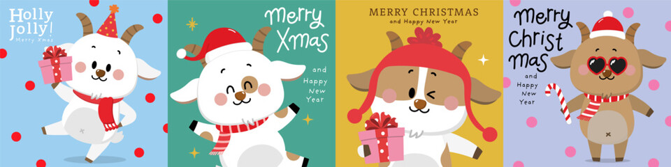 Naklejka premium Merry Christmas and happy new year 2027 greeting card with cute goat in winter costume and gift. Animal zodiac cartoon character. -Vector