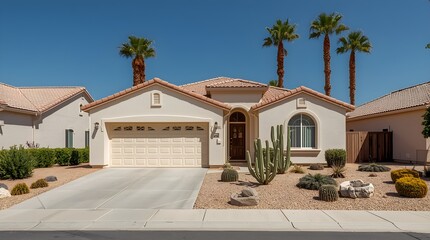 Fototapeta premium Modern suburban single-story house with two-car garage and palm trees under clear blue sky