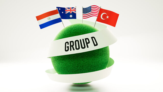 A visual of FIFA World Cup Group D showing a grass sphere with the flags of Paraguay, Australia, the United States, and Turkey.